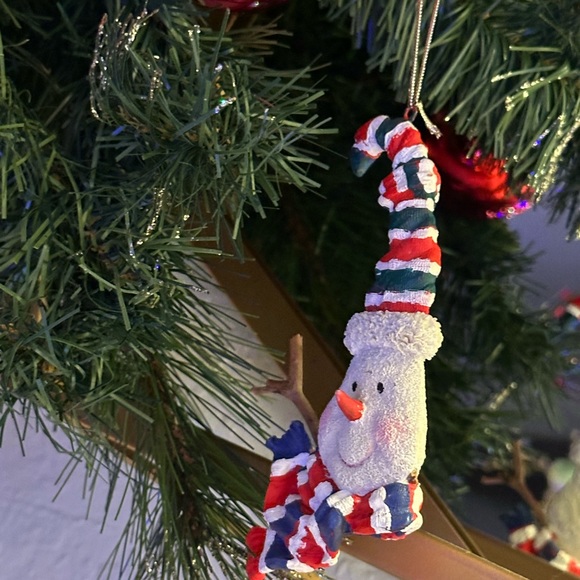 Vintage Blue and red stripes silly hat and scarf snowman face ornament - Picture 9 of 14